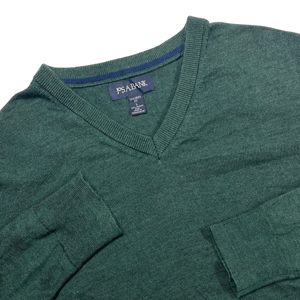 Jos. A. Bank Sweater Mens Large Green 100% Merino Wool Tailored Fit V-Neck